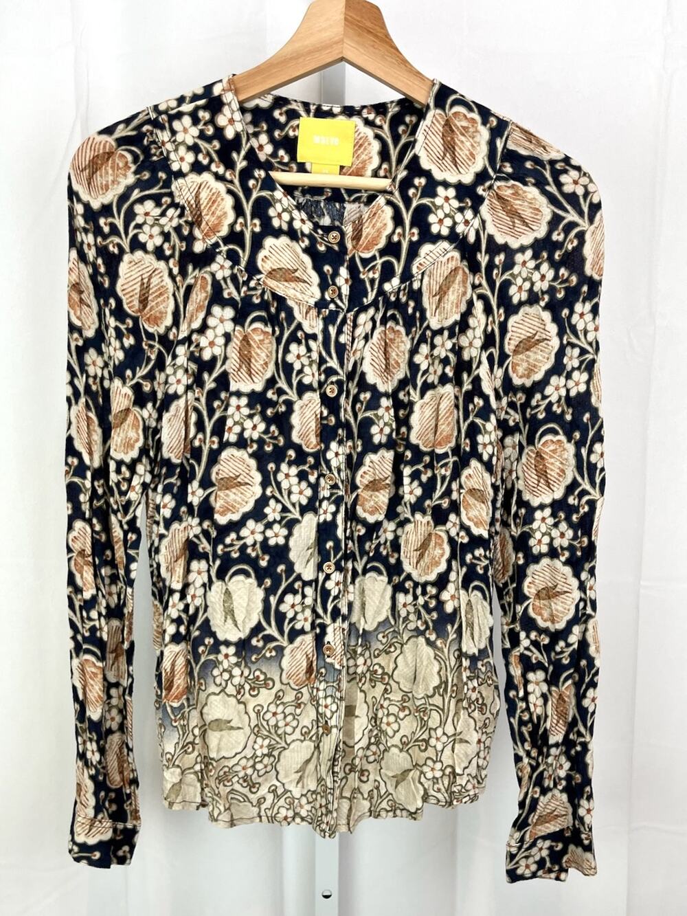 MAEVE Anthropologie Size XS Orli Bibbed Blouse Floral Print Top Ombre Blue Beige